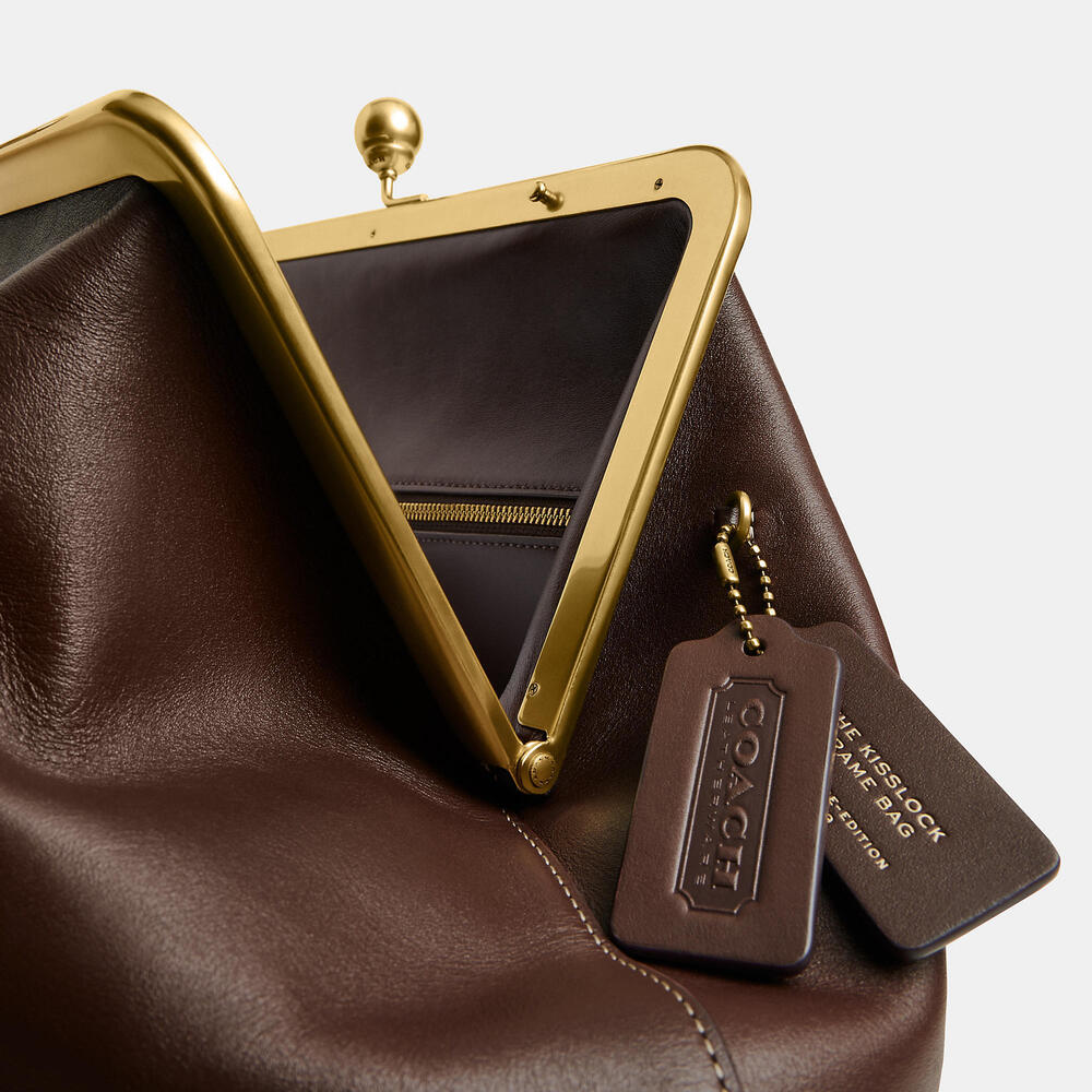 Coach Large Kisslock Frame Bag Designer Crossbody Brass/Brown w/Scratch - Picture 13 of 16